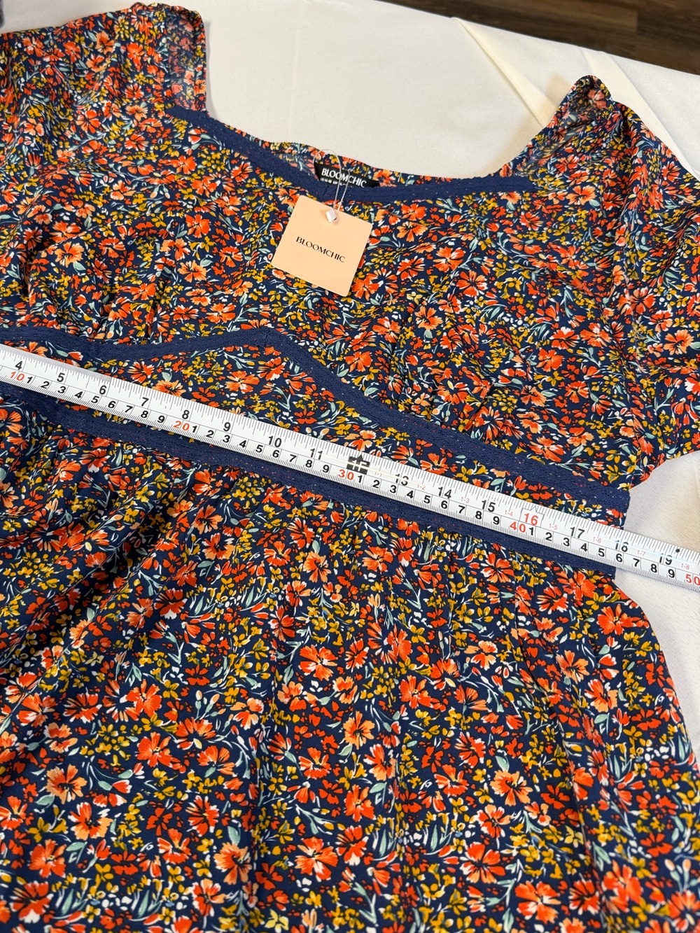 BloomChic Navy Ditsy Floral Long-Sleeve Peplum Blouse Women’s Size 15-16 - Picture 5 of 7